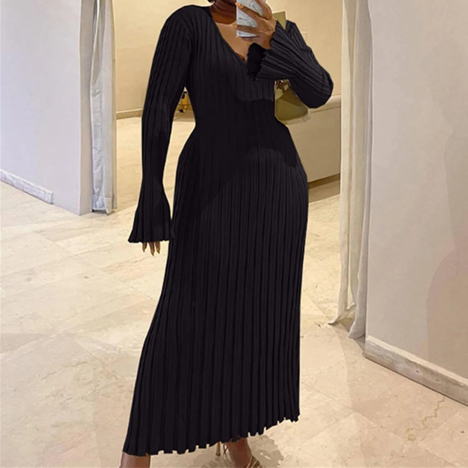Plus Size Knit Dresses for Curvy Women Fall Maxi Sweater Dress Long Sleeve Warm Sexy V Neck Ribbed Dresses