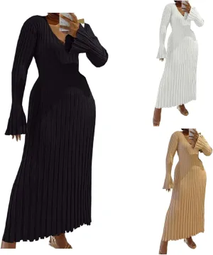 Plus Size Knit Dresses for Curvy Women Fall Maxi Sweater Dress Long Sleeve Warm Sexy V Neck Ribbed Dresses