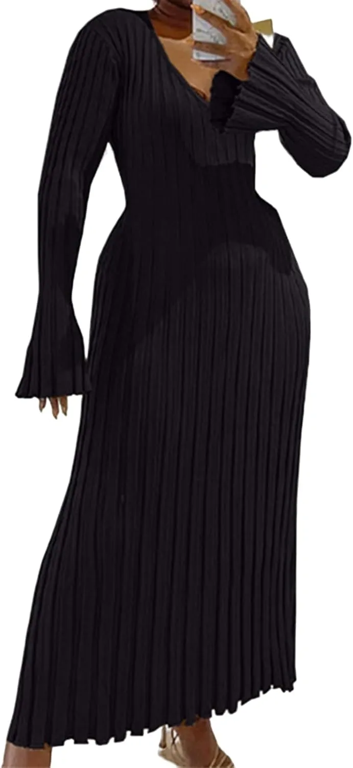 Plus Size Knit Dresses for Curvy Women Fall Maxi Sweater Dress Long Sleeve Warm Sexy V Neck Ribbed Dresses