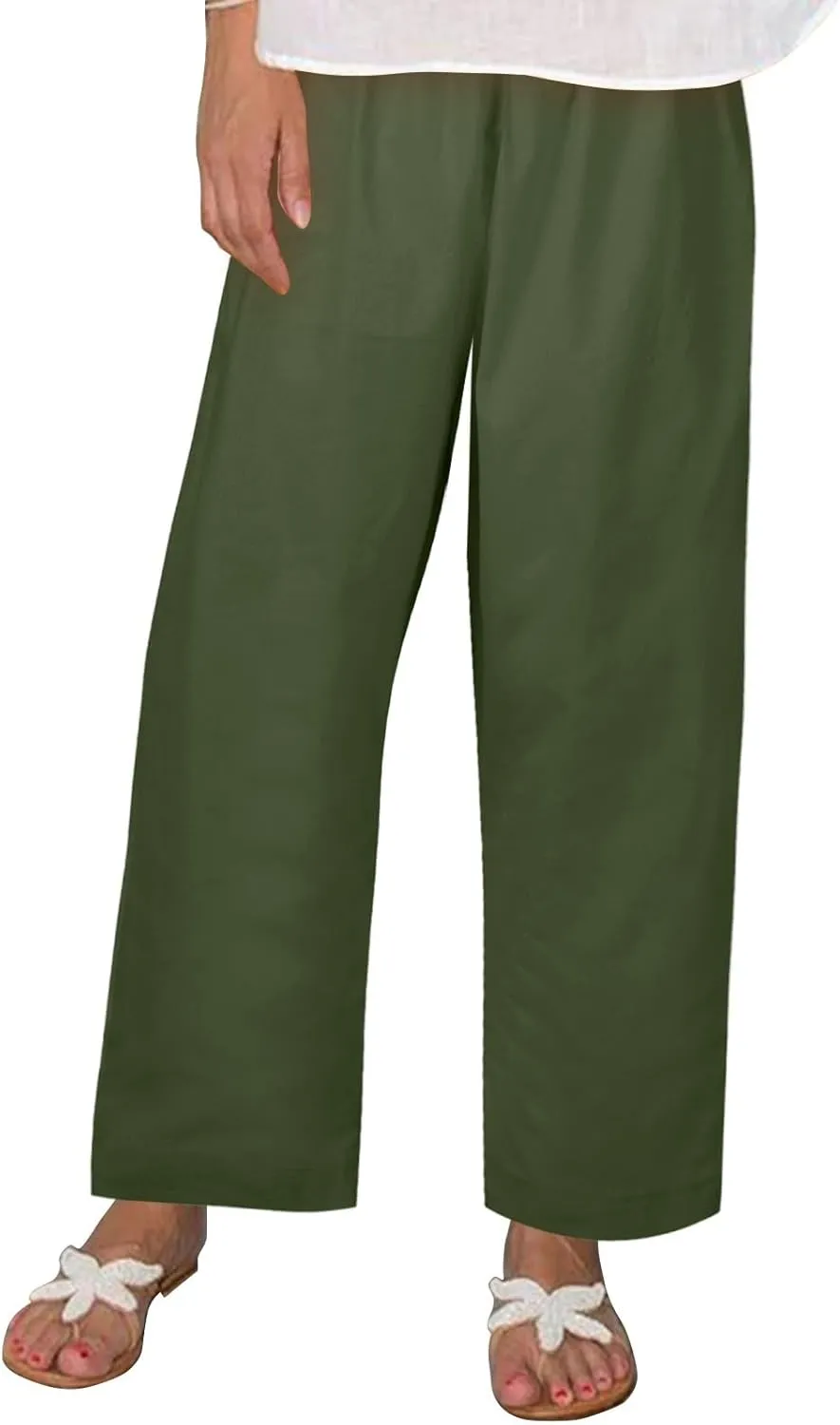 Plus Size Linen Cropped Pants for Women Summer Petite Lightweight Wide Leg Palazzo Elastic Waist Ladies Capri Pants