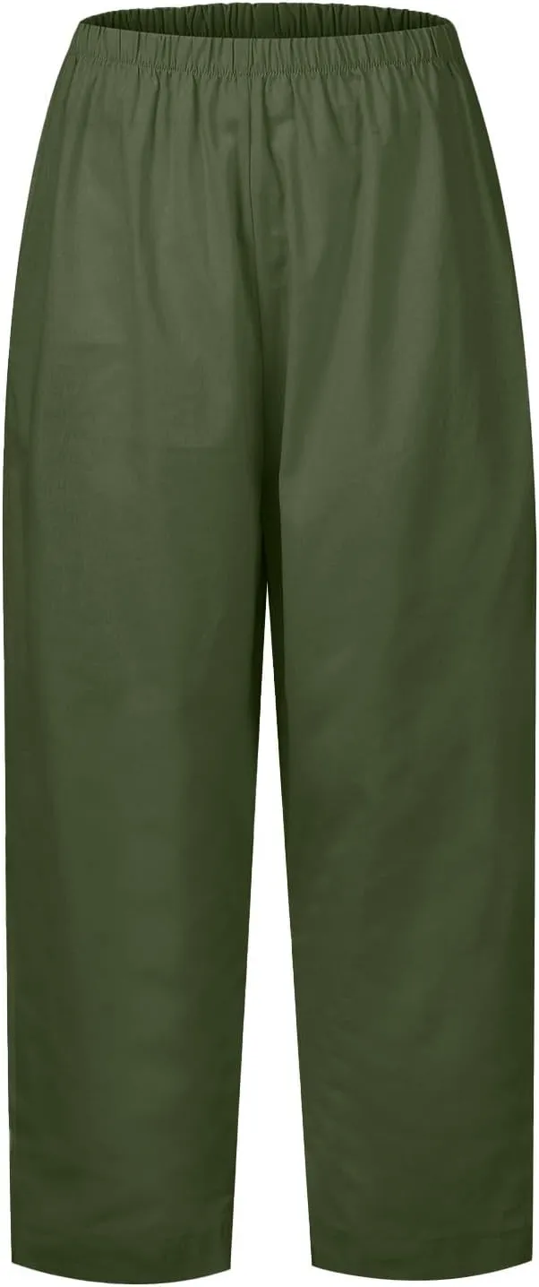 Plus Size Linen Cropped Pants for Women Summer Petite Lightweight Wide Leg Palazzo Elastic Waist Ladies Capri Pants