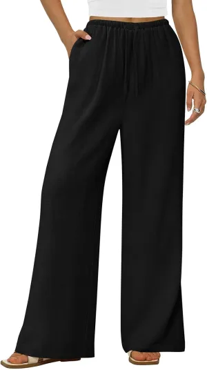 PRETTYGARDEN Summer Wide Leg Linen Pants Women with Pockets High Waist Drawstring Loose Casual Palazzo Lounge Pants Women