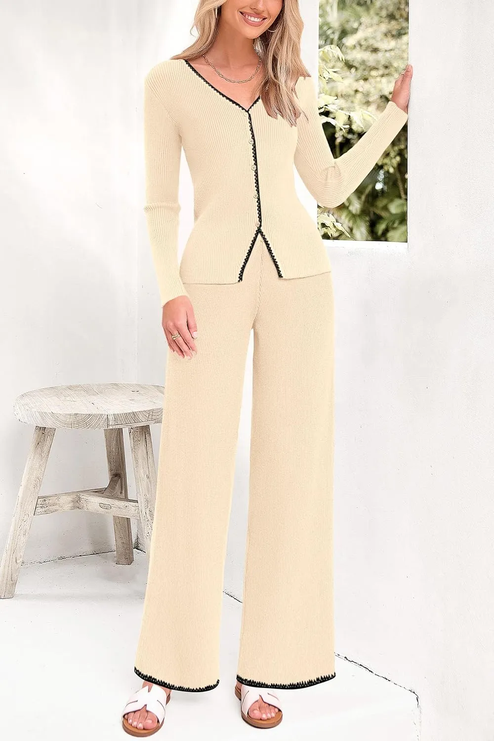 PRETTYGARDEN Women's 2 Piece Outfits 2024 Winter Knit Lounge Sets Long Sleeve Buttons Sweater Tops Wide Leg Pants Tracksuits