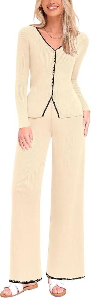 PRETTYGARDEN Women's 2 Piece Outfits 2024 Winter Knit Lounge Sets Long Sleeve Buttons Sweater Tops Wide Leg Pants Tracksuits