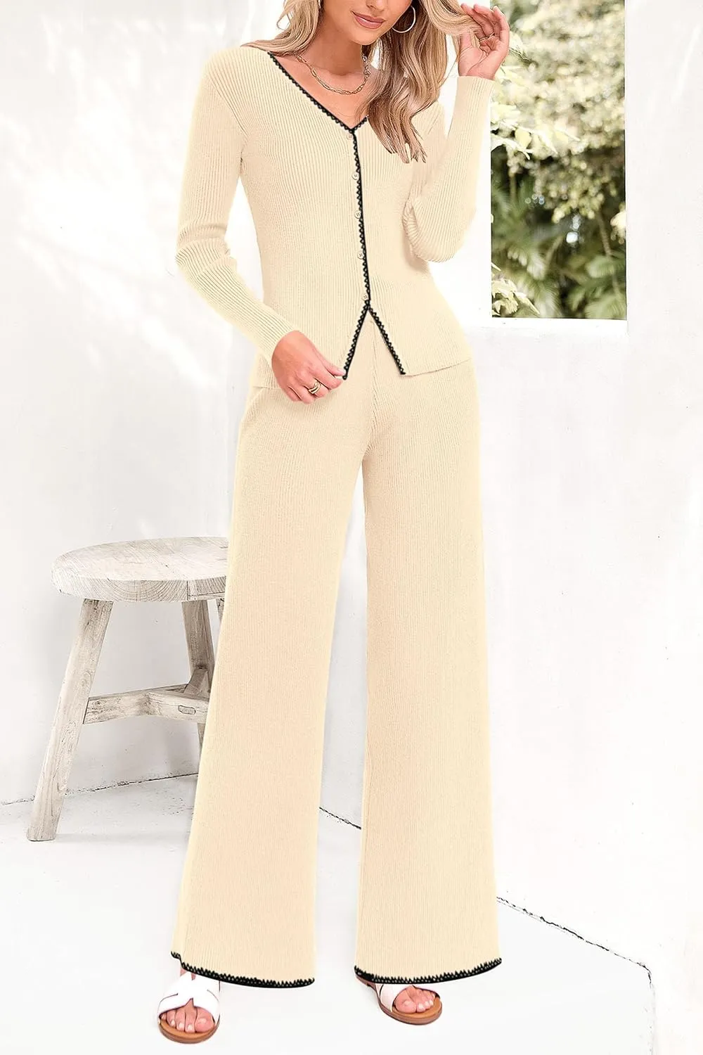 PRETTYGARDEN Women's 2 Piece Outfits 2024 Winter Knit Lounge Sets Long Sleeve Buttons Sweater Tops Wide Leg Pants Tracksuits