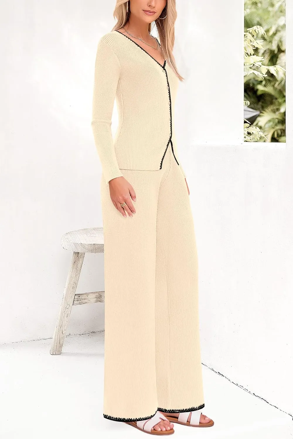 PRETTYGARDEN Women's 2 Piece Outfits 2024 Winter Knit Lounge Sets Long Sleeve Buttons Sweater Tops Wide Leg Pants Tracksuits