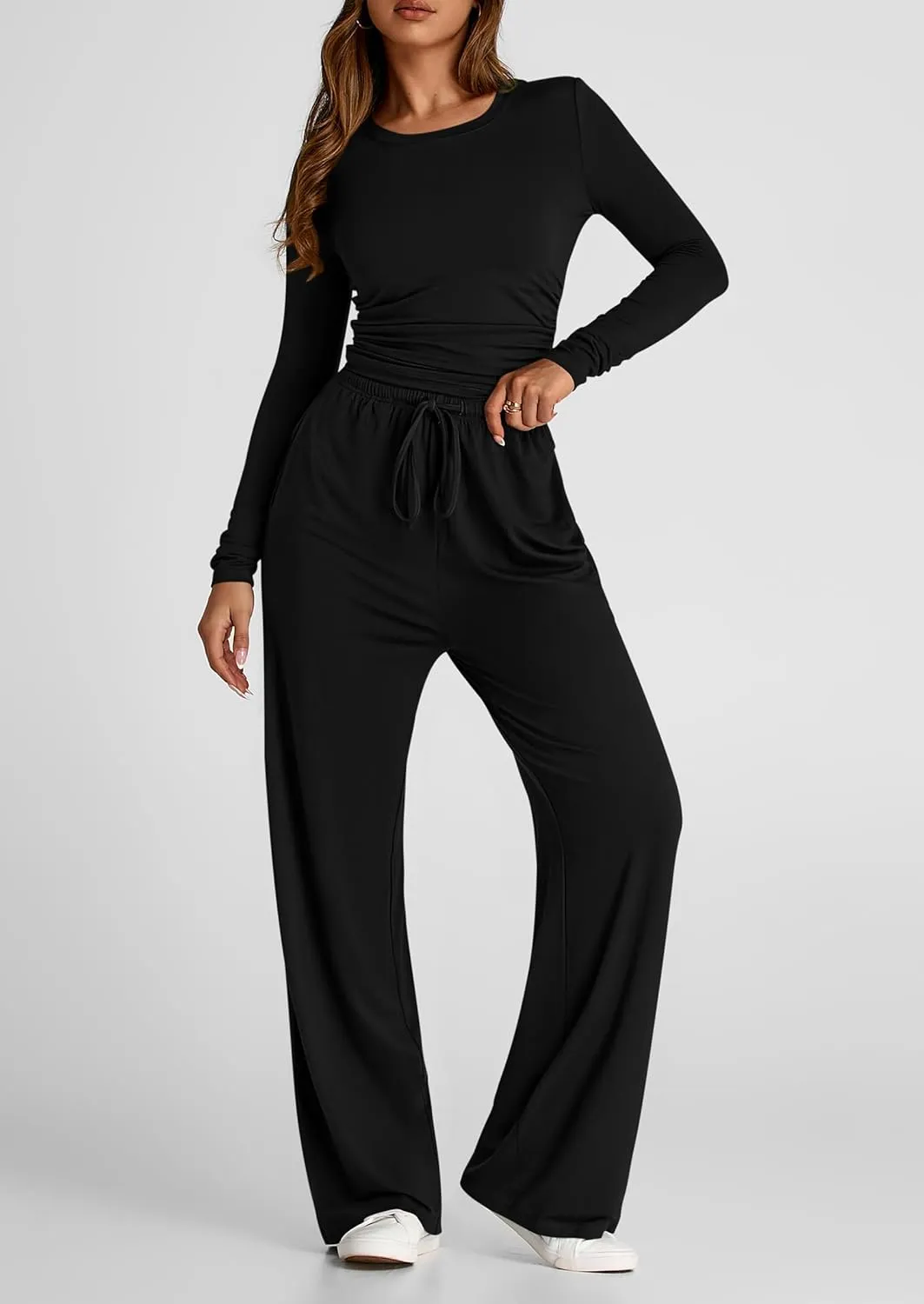 PRETTYGARDEN Women's Spring Fall Two Piece Outfits Tracksuits Long Sleeve Crop Tee Shirts Wide Leg Pants Matching Lounge Sets