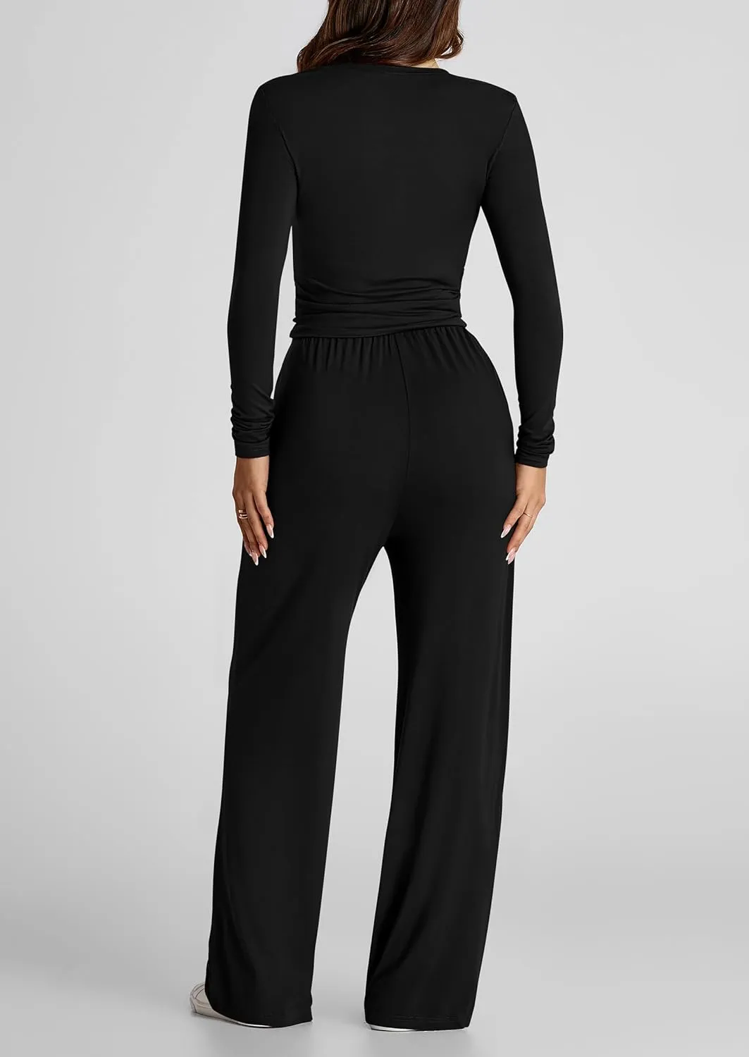PRETTYGARDEN Women's Spring Fall Two Piece Outfits Tracksuits Long Sleeve Crop Tee Shirts Wide Leg Pants Matching Lounge Sets