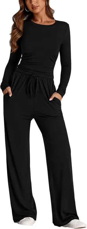 PRETTYGARDEN Women's Spring Fall Two Piece Outfits Tracksuits Long Sleeve Crop Tee Shirts Wide Leg Pants Matching Lounge Sets