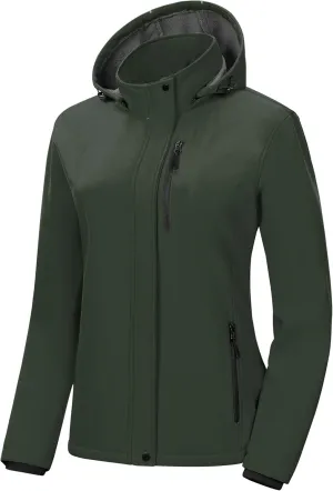 Pursky Women's Softshell Jacket Lightweight Fleece Lined Rain Jacket Waterproof Warm Windbreaker Coat With Removable Hood