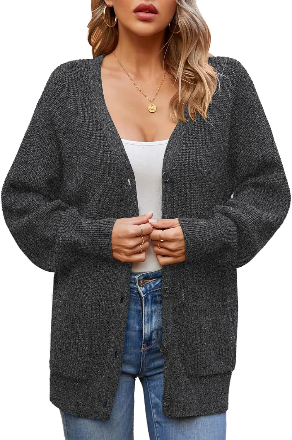 QUALFORT Women's 100% Cotton Cardigans for Women Lantern Sleeve Oversized Sweater with Pockets