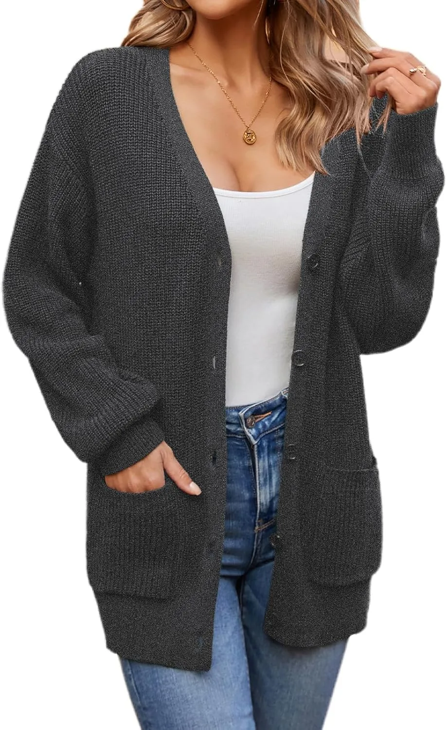 QUALFORT Women's 100% Cotton Cardigans for Women Lantern Sleeve Oversized Sweater with Pockets
