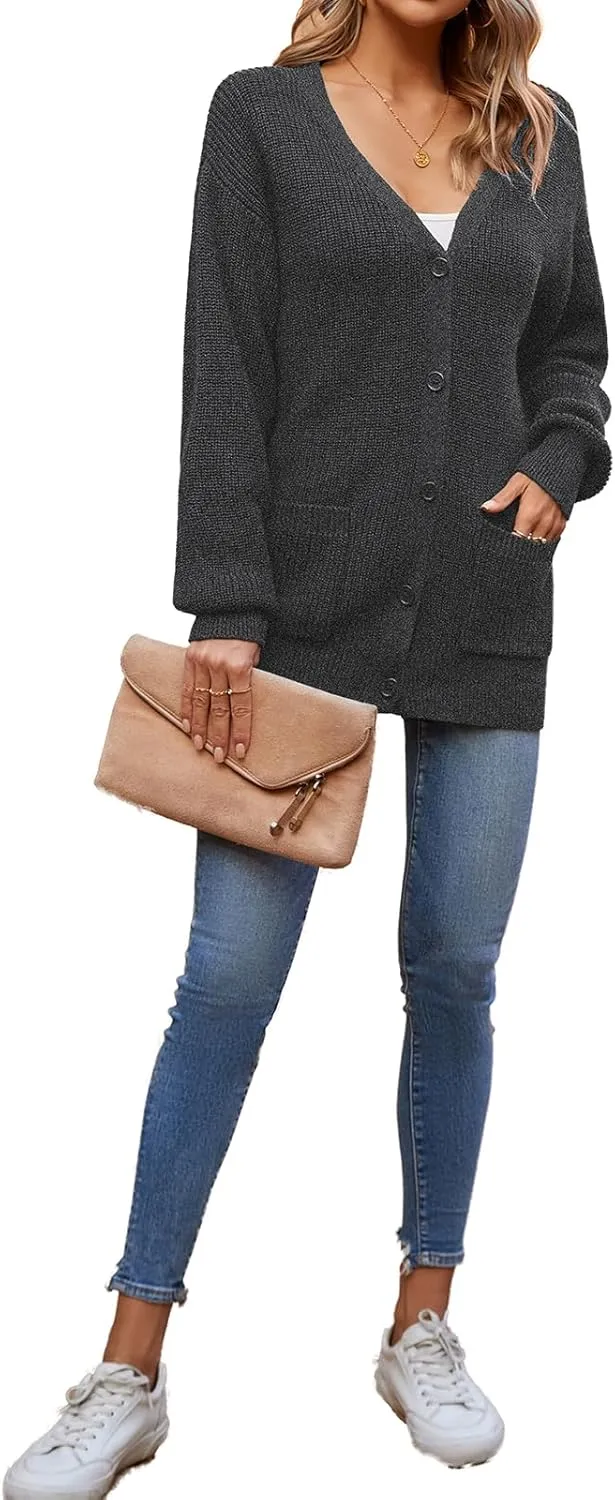 QUALFORT Women's 100% Cotton Cardigans for Women Lantern Sleeve Oversized Sweater with Pockets