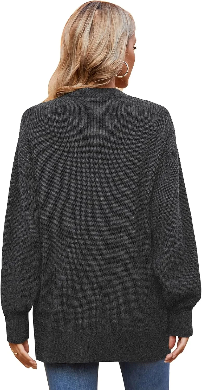 QUALFORT Women's 100% Cotton Cardigans for Women Lantern Sleeve Oversized Sweater with Pockets