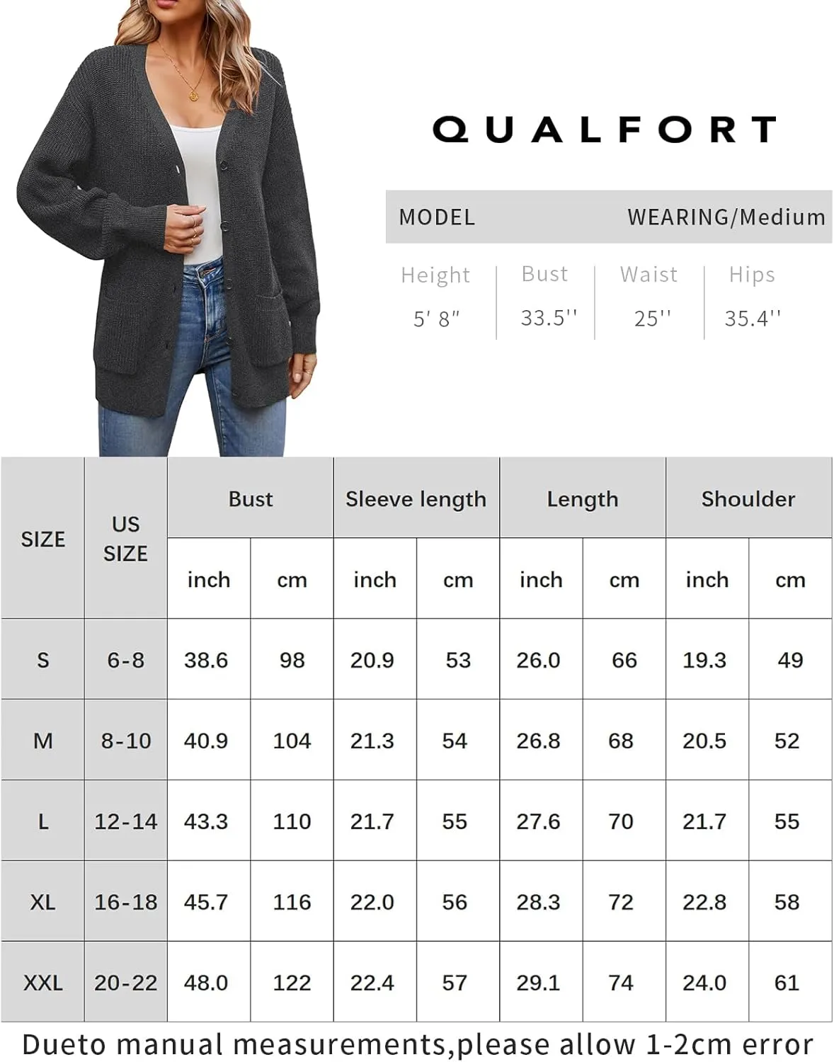 QUALFORT Women's 100% Cotton Cardigans for Women Lantern Sleeve Oversized Sweater with Pockets