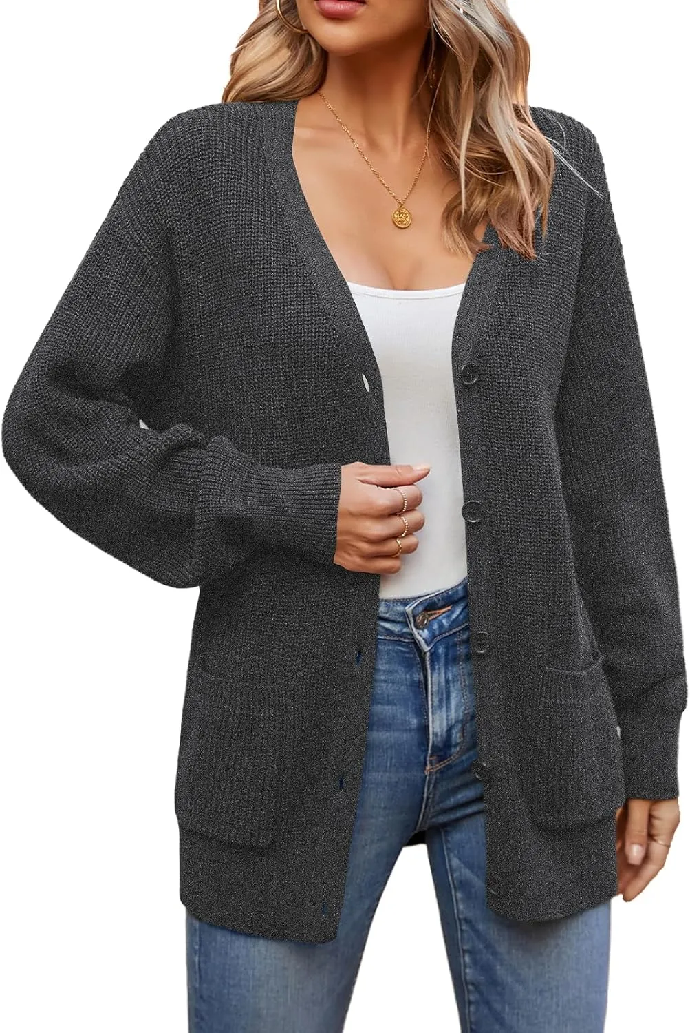 QUALFORT Women's 100% Cotton Cardigans for Women Lantern Sleeve Oversized Sweater with Pockets