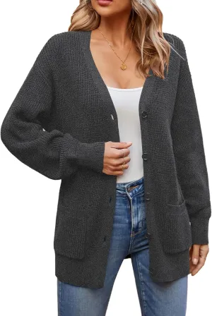 QUALFORT Women's 100% Cotton Cardigans for Women Lantern Sleeve Oversized Sweater with Pockets