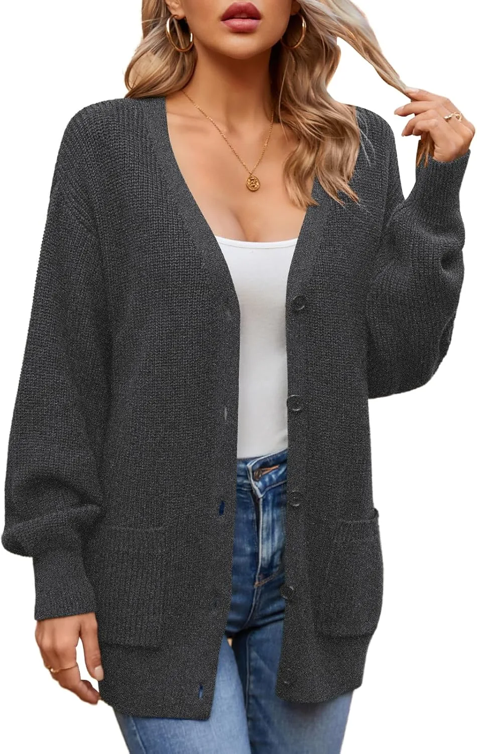 QUALFORT Women's 100% Cotton Cardigans for Women Lantern Sleeve Oversized Sweater with Pockets
