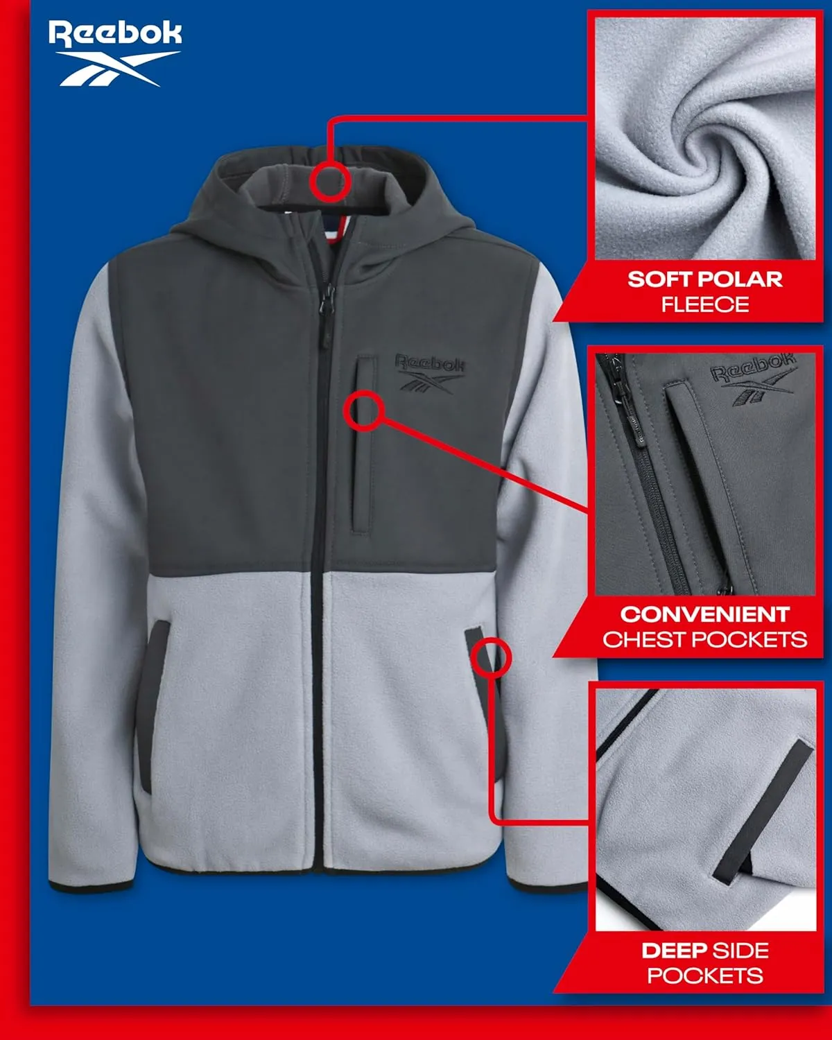 Reebok Boys' Jacket - Warm Polar Fleece Zip Up Hoodie Jacket for Boys - Lightweight Athletic Boy's Comfort Hoodie (4-20)