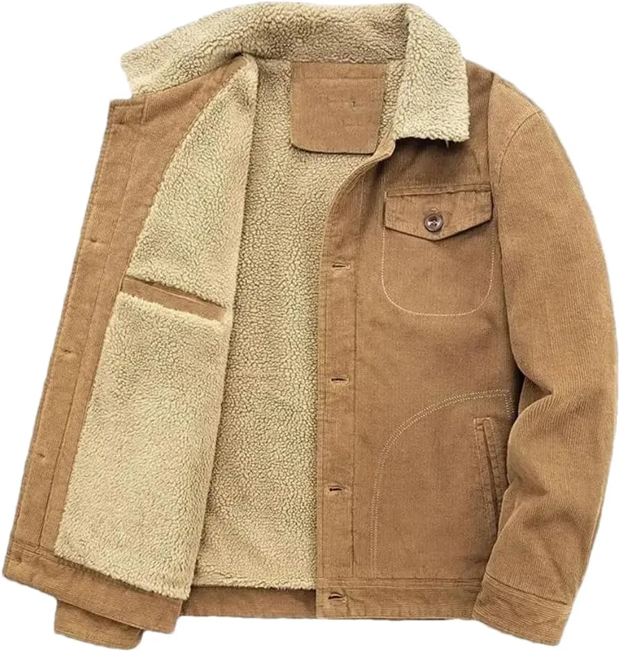 REHJJDFD Male Cotton Jackets Padded Warm Loose Parka Coat Corduroy Short Jacket Solid Zip Windbreaker Men's Casual Windbreake