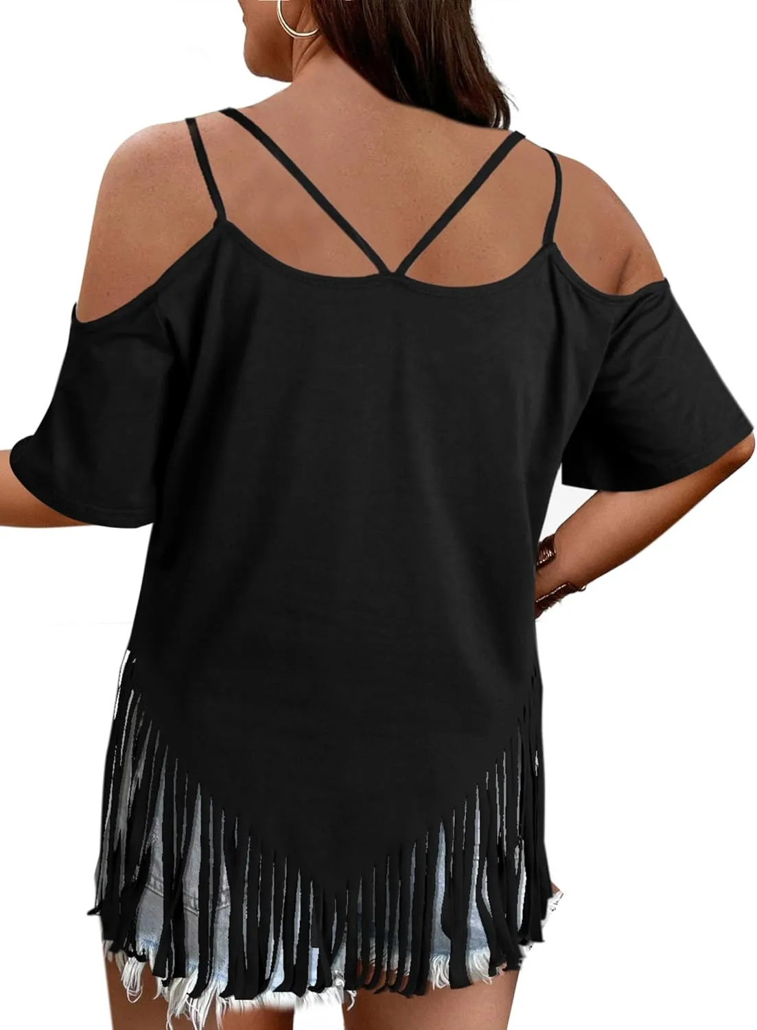 Remidoo Fringe Tops for Womens Bell Short Sleeve Sexy V Neck Oversized T Shirt