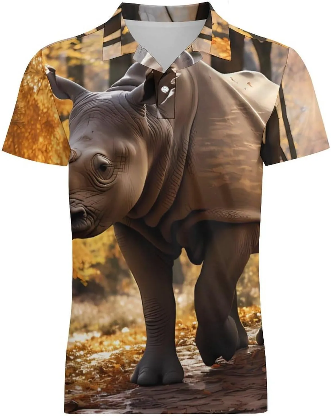 Rhino in Autumn Men's Polo Shirt Short Sleeve Casual Athletic Quick Dry Golf T-Shirts