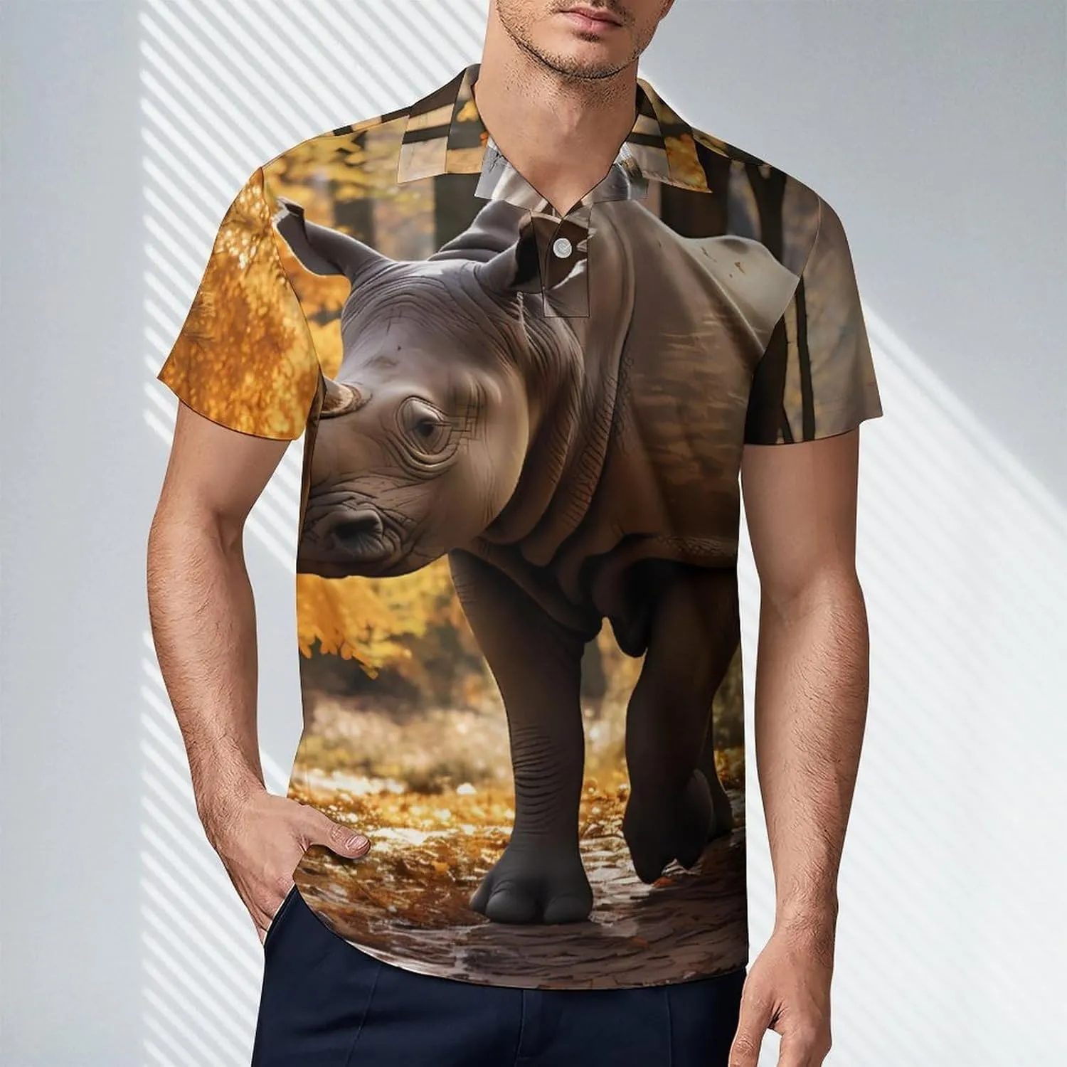 Rhino in Autumn Men's Polo Shirt Short Sleeve Casual Athletic Quick Dry Golf T-Shirts