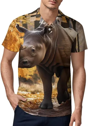 Rhino in Autumn Men's Polo Shirt Short Sleeve Casual Athletic Quick Dry Golf T-Shirts