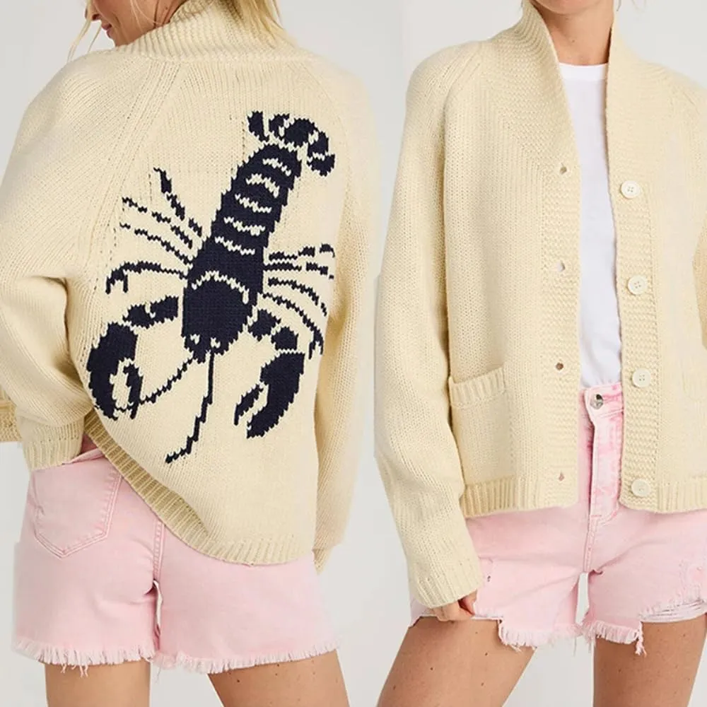 RICHTRUE Women's Graphic Lobster Sweater Vintage Oversized Cardigan Y2K Button Down Sweater Cardigan Women Fall Sweaters