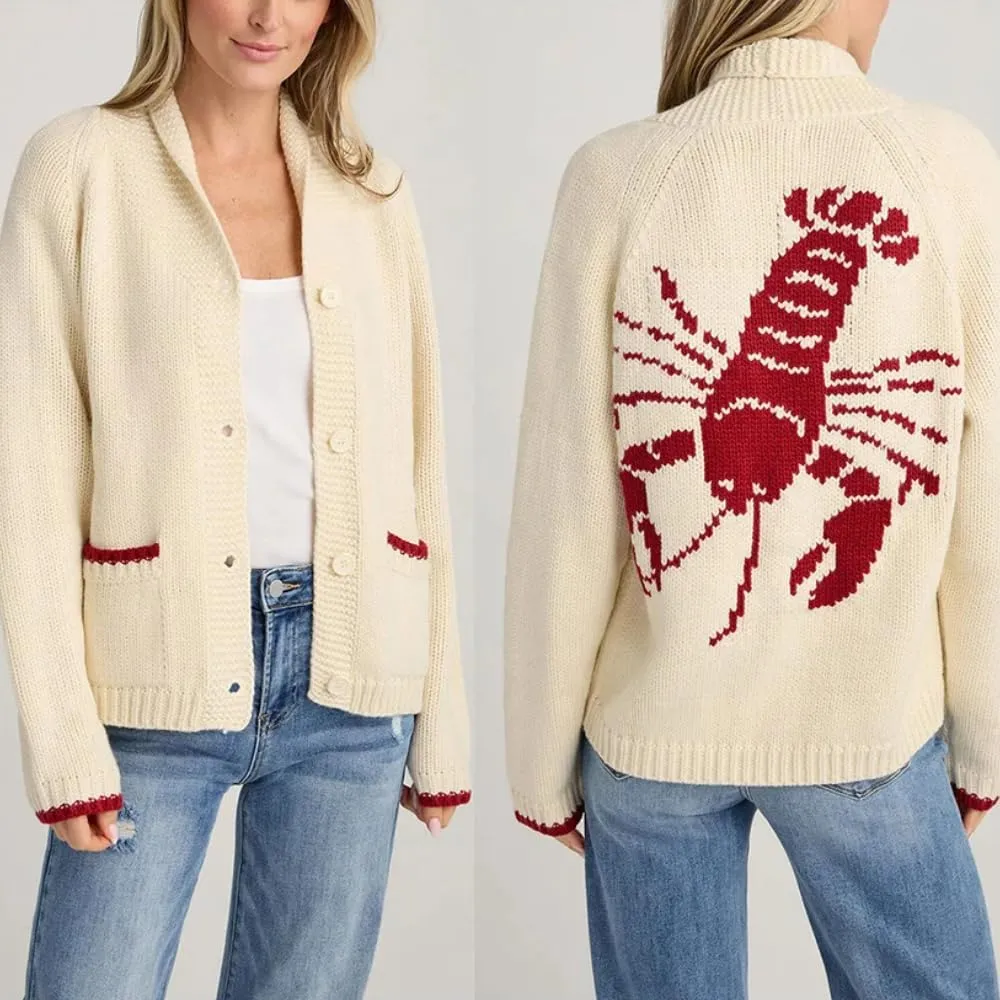 RICHTRUE Women's Graphic Lobster Sweater Vintage Oversized Cardigan Y2K Button Down Sweater Cardigan Women Fall Sweaters