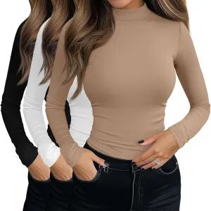 Riyiper 3 Pack Women's Tight Mock Turtleneck Tops Fitted Lightweight Long Sleeve Base Layer Shirts