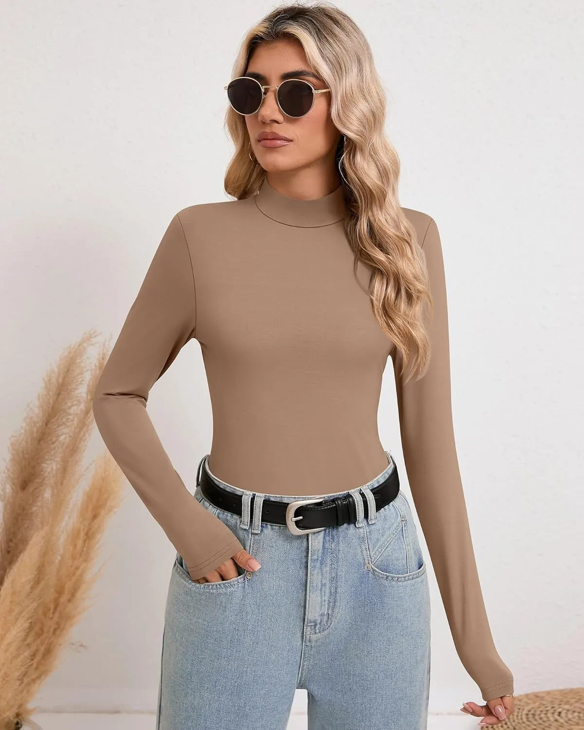 Riyiper 3 Pack Women's Tight Mock Turtleneck Tops Fitted Lightweight Long Sleeve Base Layer Shirts