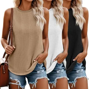 Riyiper 3 Pack Women's Waffle Knit Tank Tops, Sleeveless Casual Summer Tanks Camis Loose Crewneck Curved Hem Beach Tee Shirts