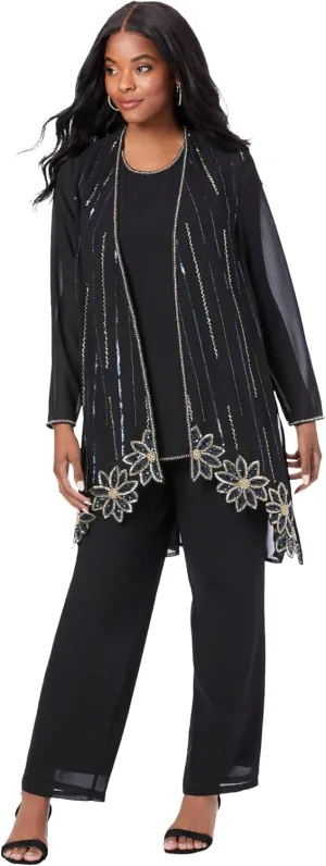 Roaman's Women's Plus Size Floral Beaded Pant Set