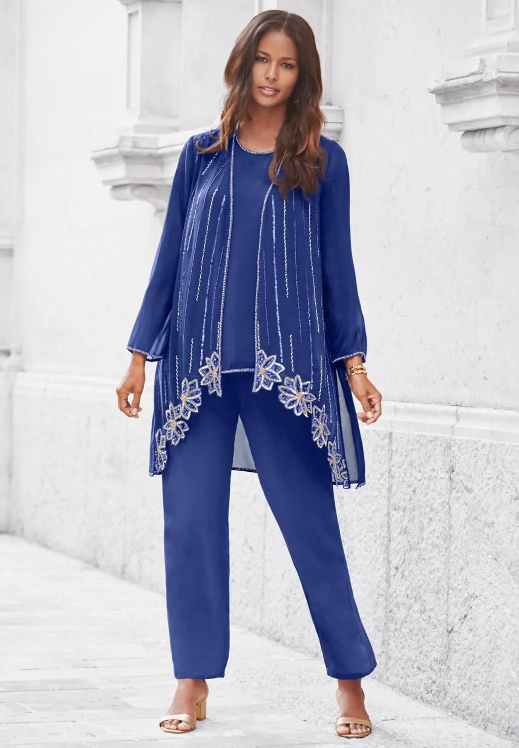 Roaman's Women's Plus Size Floral Beaded Pant Set