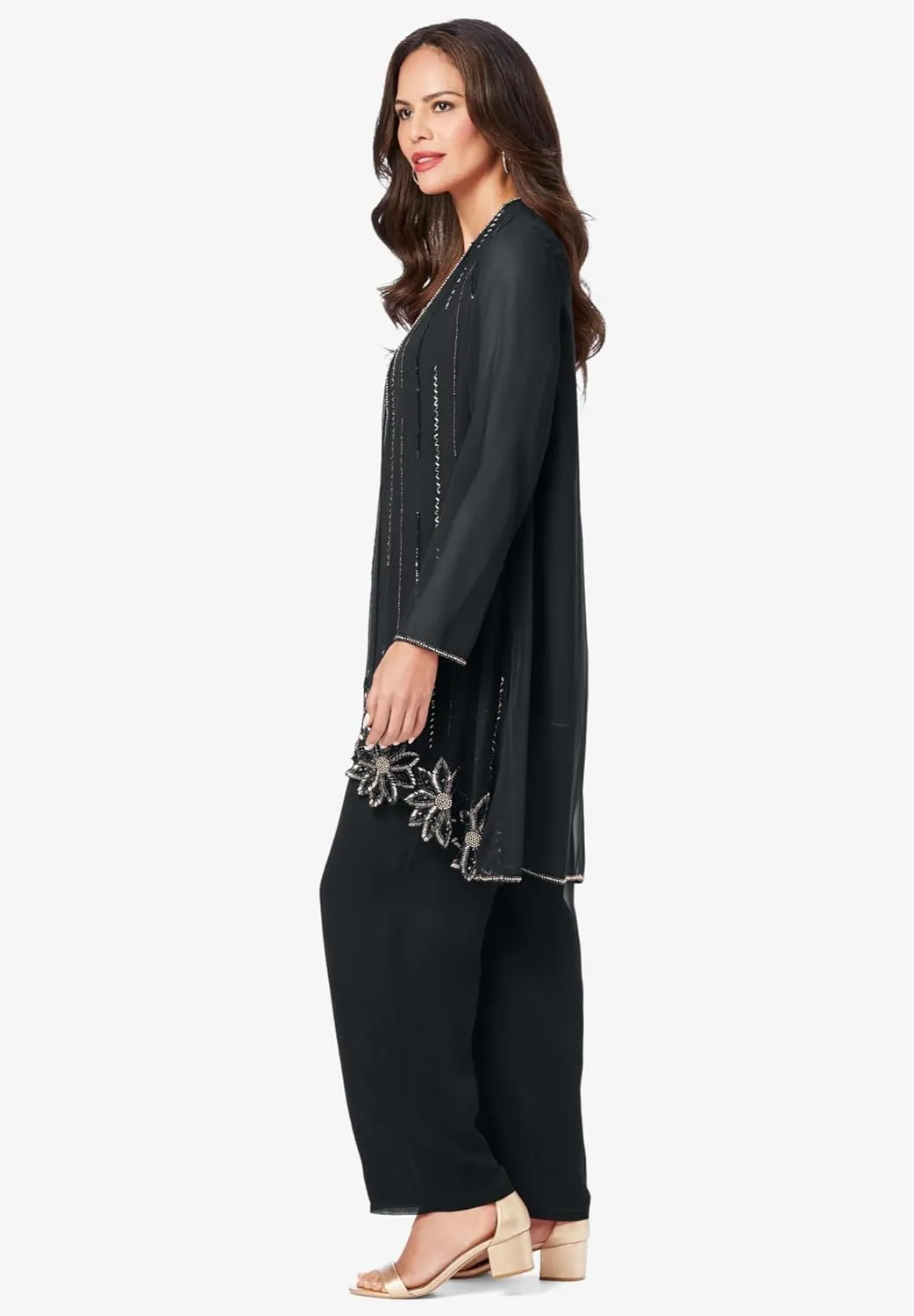 Roaman's Women's Plus Size Floral Beaded Pant Set