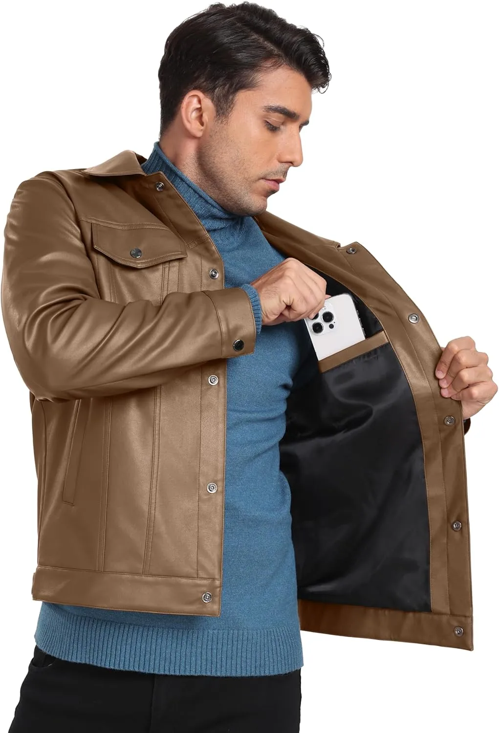 Sailwind Men's Leather Jacket Lapel Collar Motorcycle Coat Snap Button Faux Leather Bomber Jackets