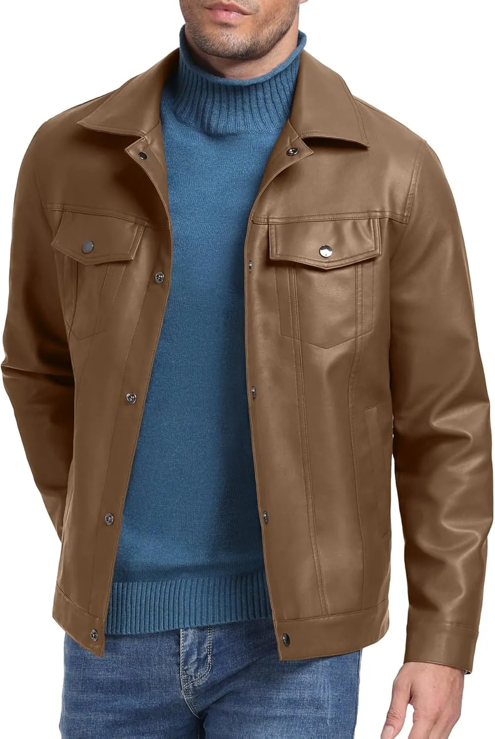 Sailwind Men's Leather Jacket Lapel Collar Motorcycle Coat Snap Button Faux Leather Bomber Jackets