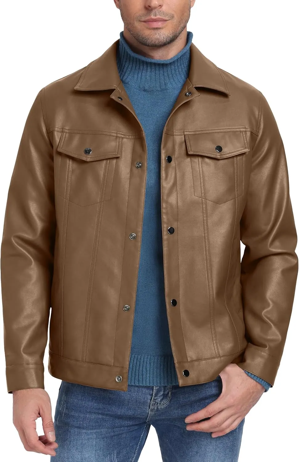 Sailwind Men's Leather Jacket Lapel Collar Motorcycle Coat Snap Button Faux Leather Bomber Jackets