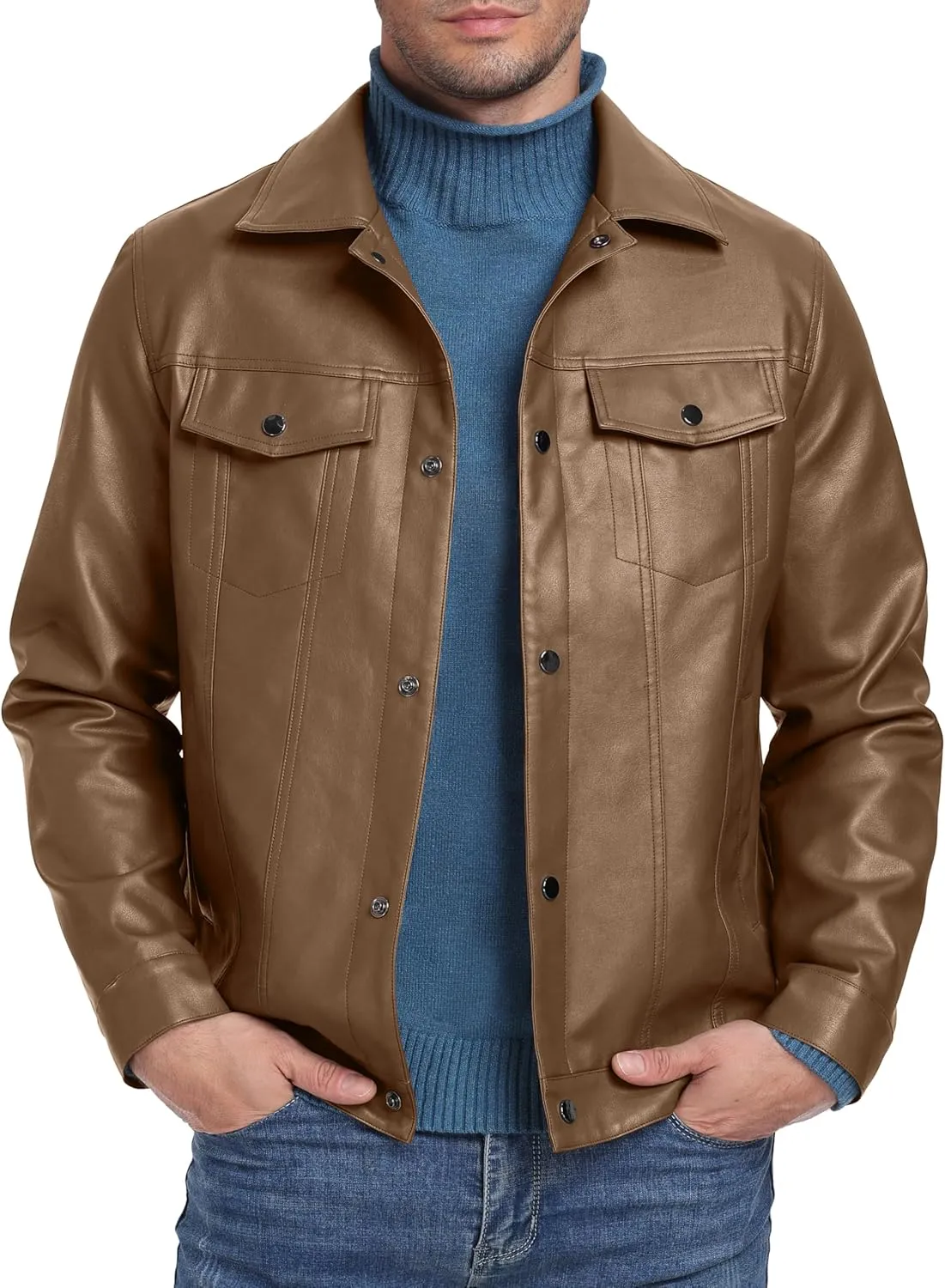 Sailwind Men's Leather Jacket Lapel Collar Motorcycle Coat Snap Button Faux Leather Bomber Jackets