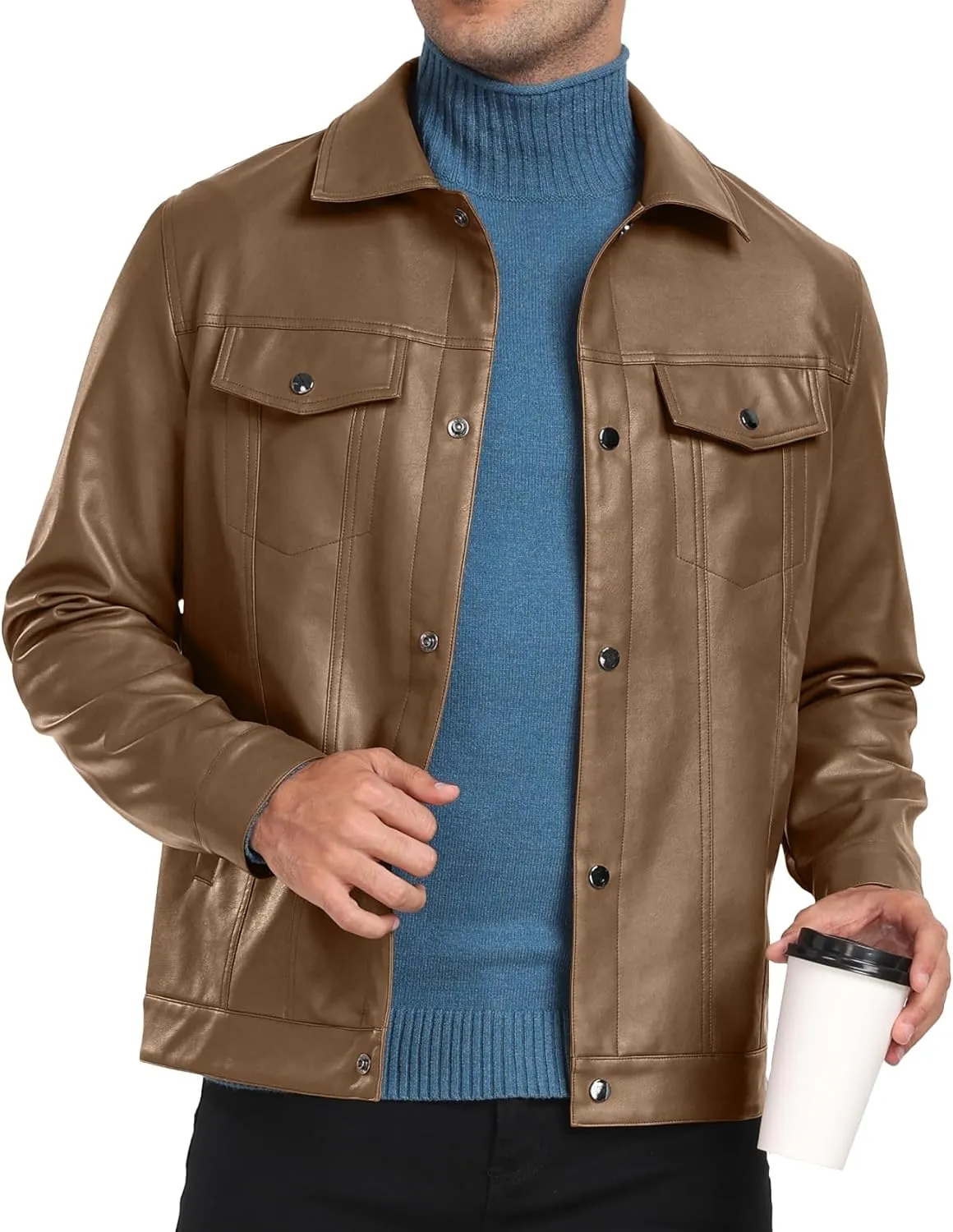 Sailwind Men's Leather Jacket Lapel Collar Motorcycle Coat Snap Button Faux Leather Bomber Jackets