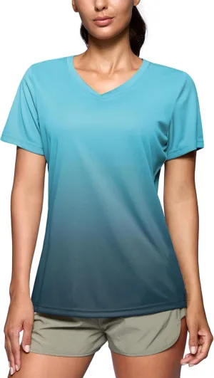 SANTINY Women's T Shirts V-Neck Short Sleeve UPF50  Sun Protection Quick Dry Athletic Shirt Tee Tops (Gradient Green Grey_XXL)