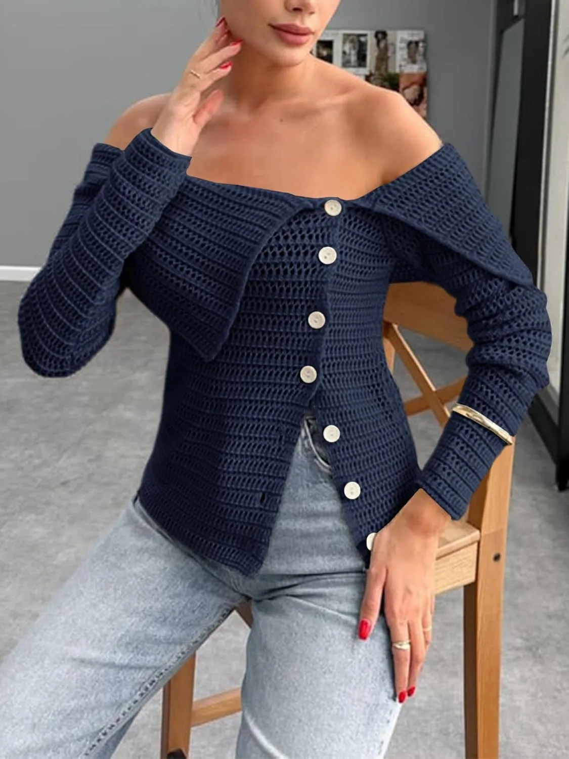 Saodimallsu Womens Off The Shoulder Sweater Long Sleeve Y2k Button Trendy Knitted Asymmetric Crop Tops