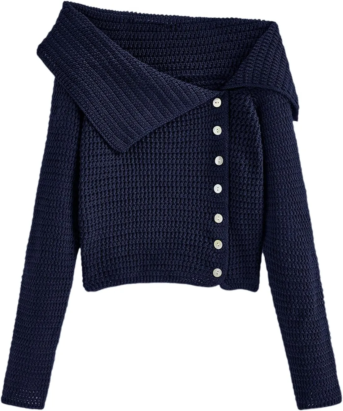 Saodimallsu Womens Off The Shoulder Sweater Long Sleeve Y2k Button Trendy Knitted Asymmetric Crop Tops