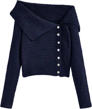 Saodimallsu Womens Off The Shoulder Sweater Long Sleeve Y2k Button Trendy Knitted Asymmetric Crop Tops