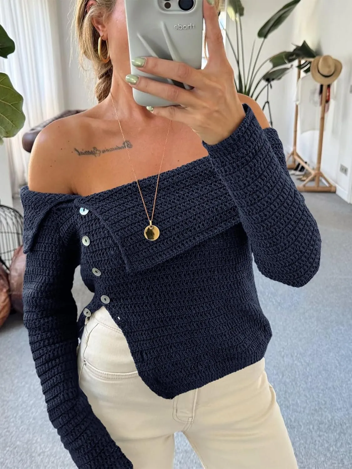 Saodimallsu Womens Off The Shoulder Sweater Long Sleeve Y2k Button Trendy Knitted Asymmetric Crop Tops