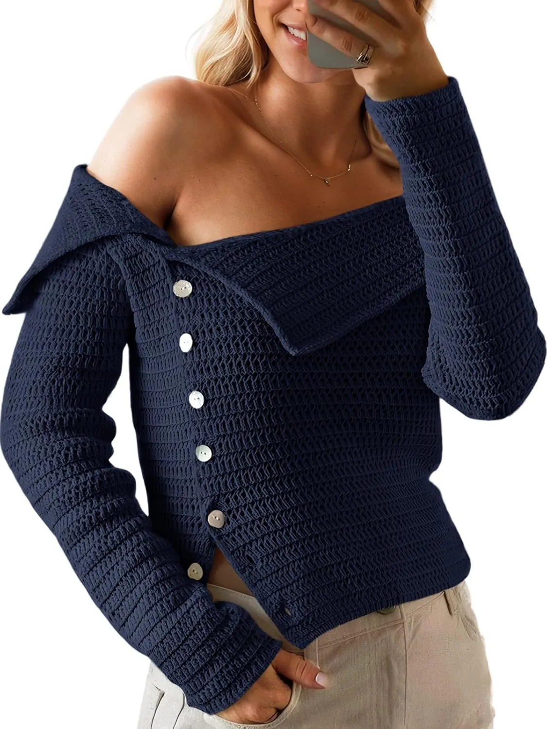 Saodimallsu Womens Off The Shoulder Sweater Long Sleeve Y2k Button Trendy Knitted Asymmetric Crop Tops