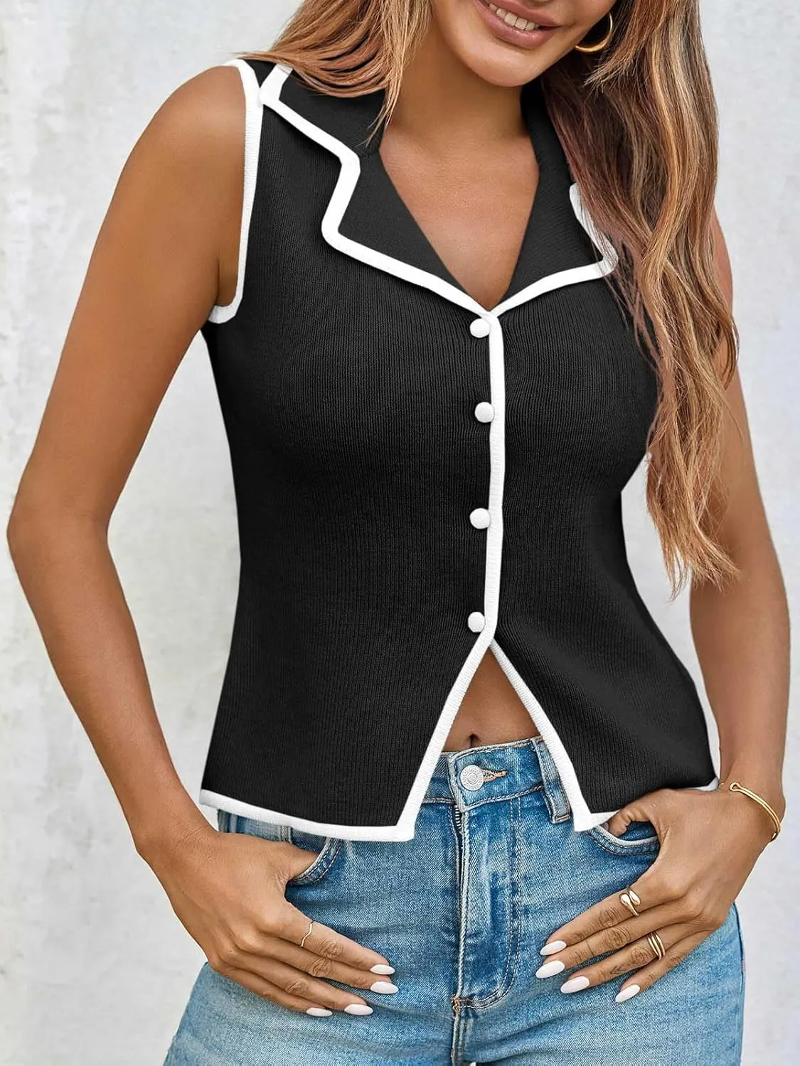 Saodimallsu Womens Sleeveless Sweater Vest Button Color Block Sexy V Neck Collared Summer Knit Tank Tops