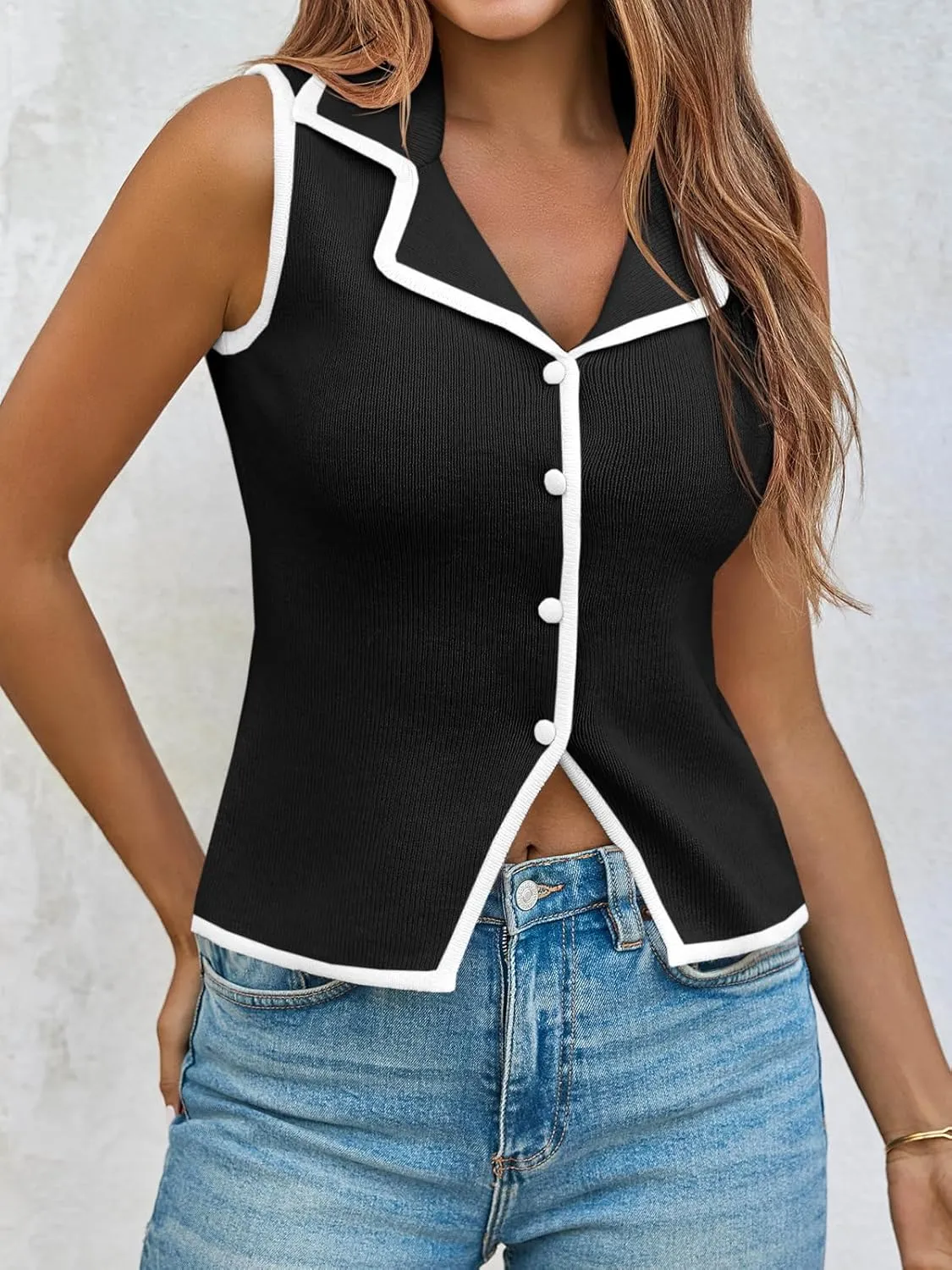 Saodimallsu Womens Sleeveless Sweater Vest Button Color Block Sexy V Neck Collared Summer Knit Tank Tops
