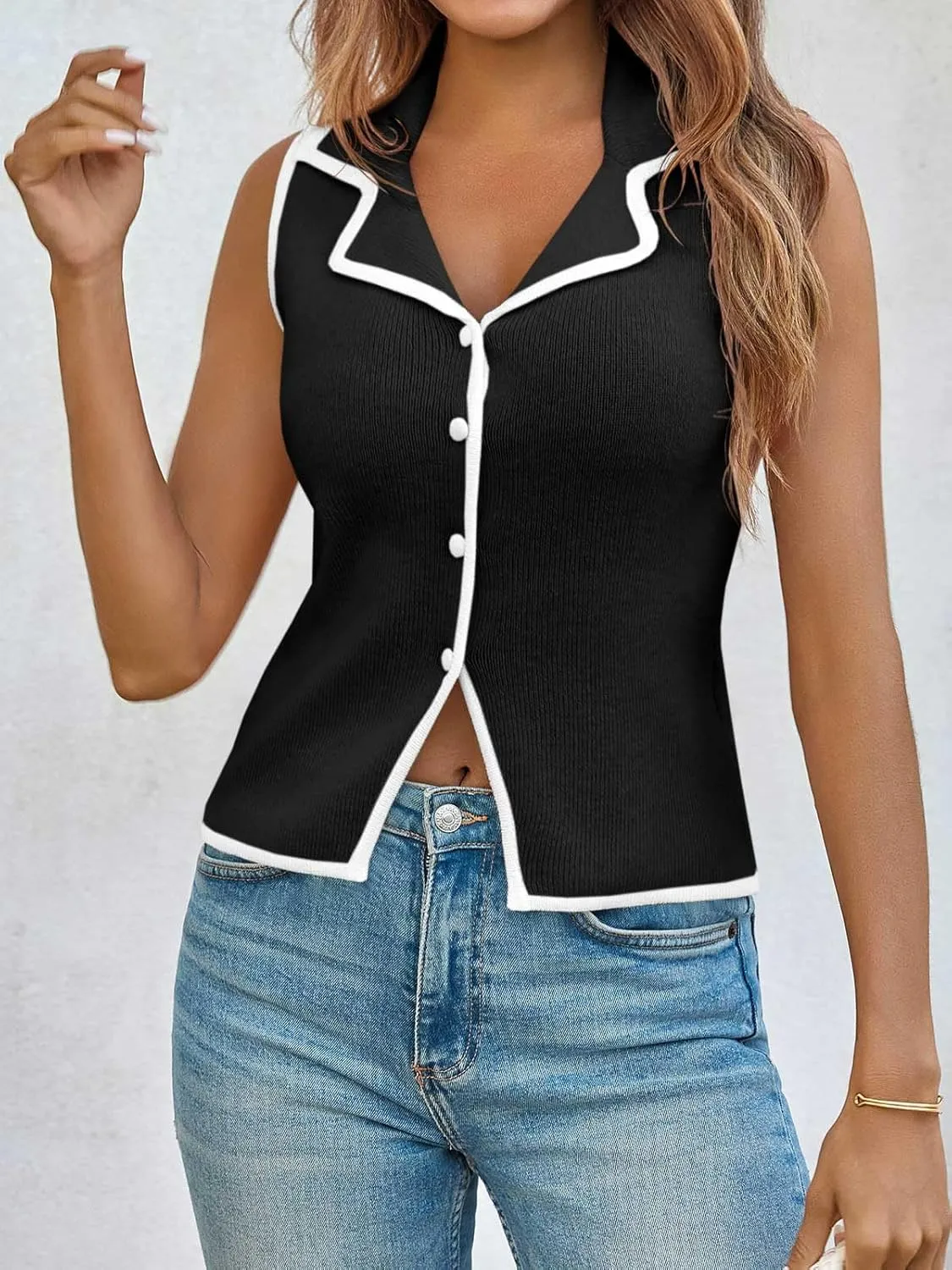 Saodimallsu Womens Sleeveless Sweater Vest Button Color Block Sexy V Neck Collared Summer Knit Tank Tops